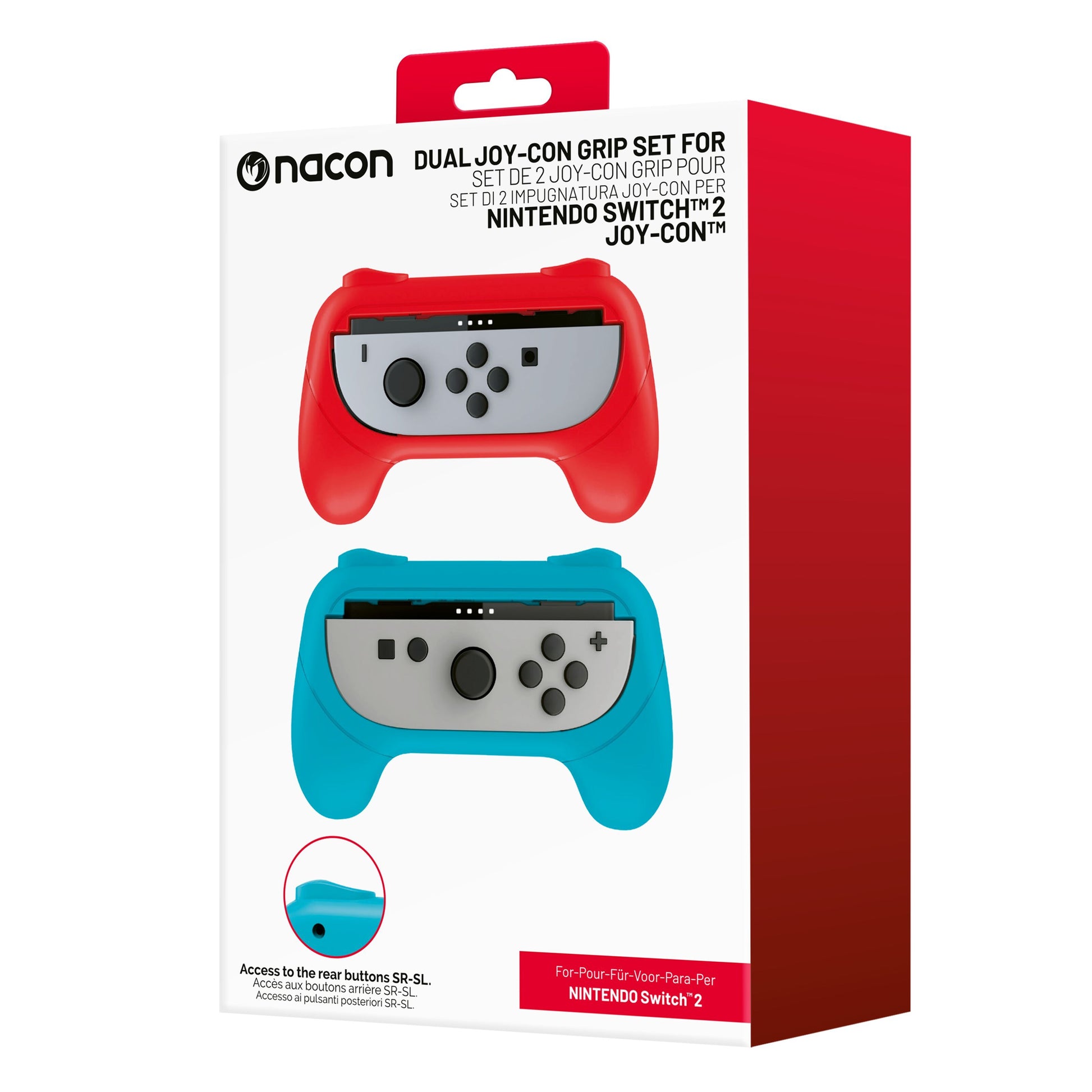 Nintendo Switch 2 Joy-Con Grip i hvid og rød æske med to greb til Joy-Con controllere, ét rødt og ét blåt.