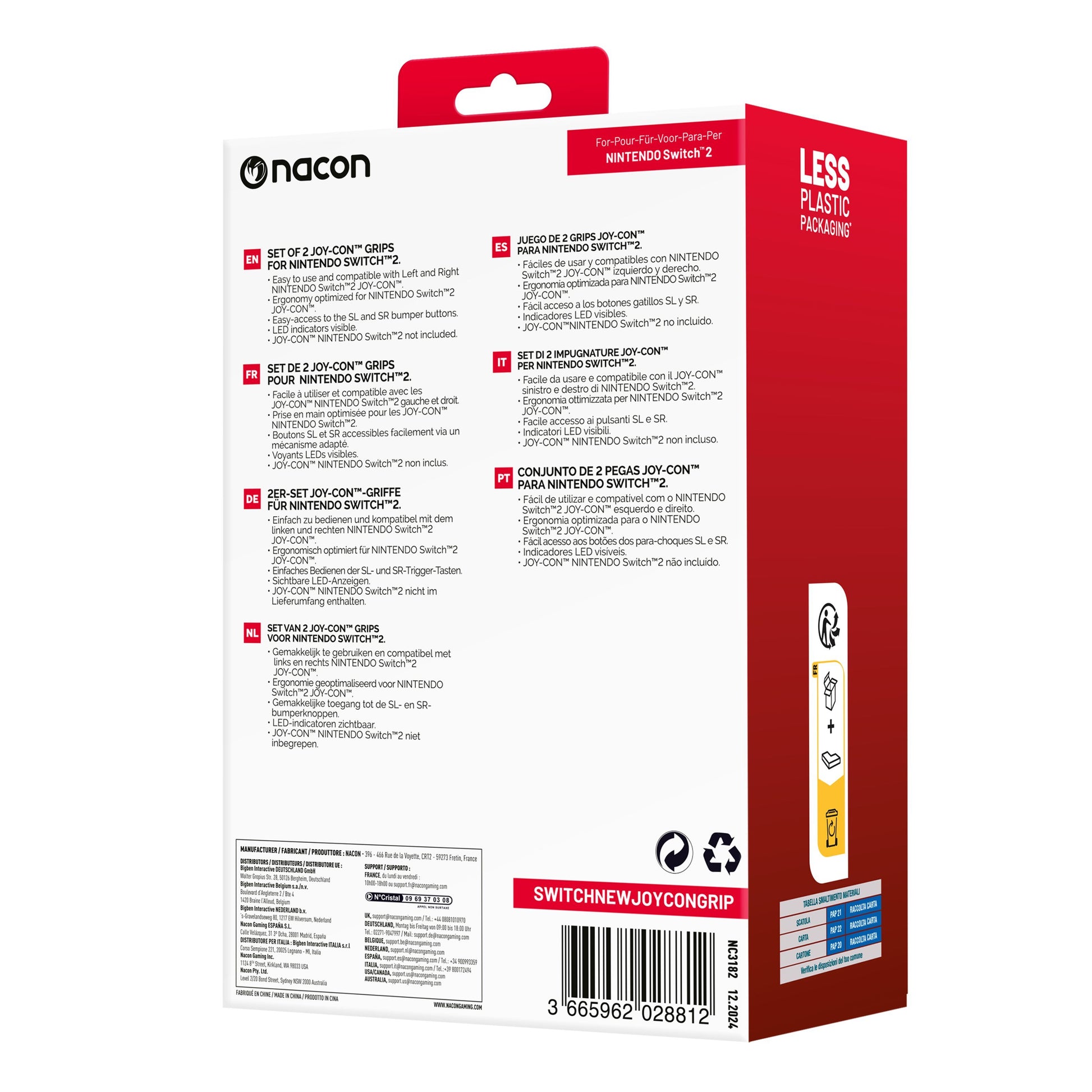 Nintendo Switch 2 Joy-Con Grip emballage bagside med produktinfo på flere sprog, genbrug og kompatibilitetsikoner.