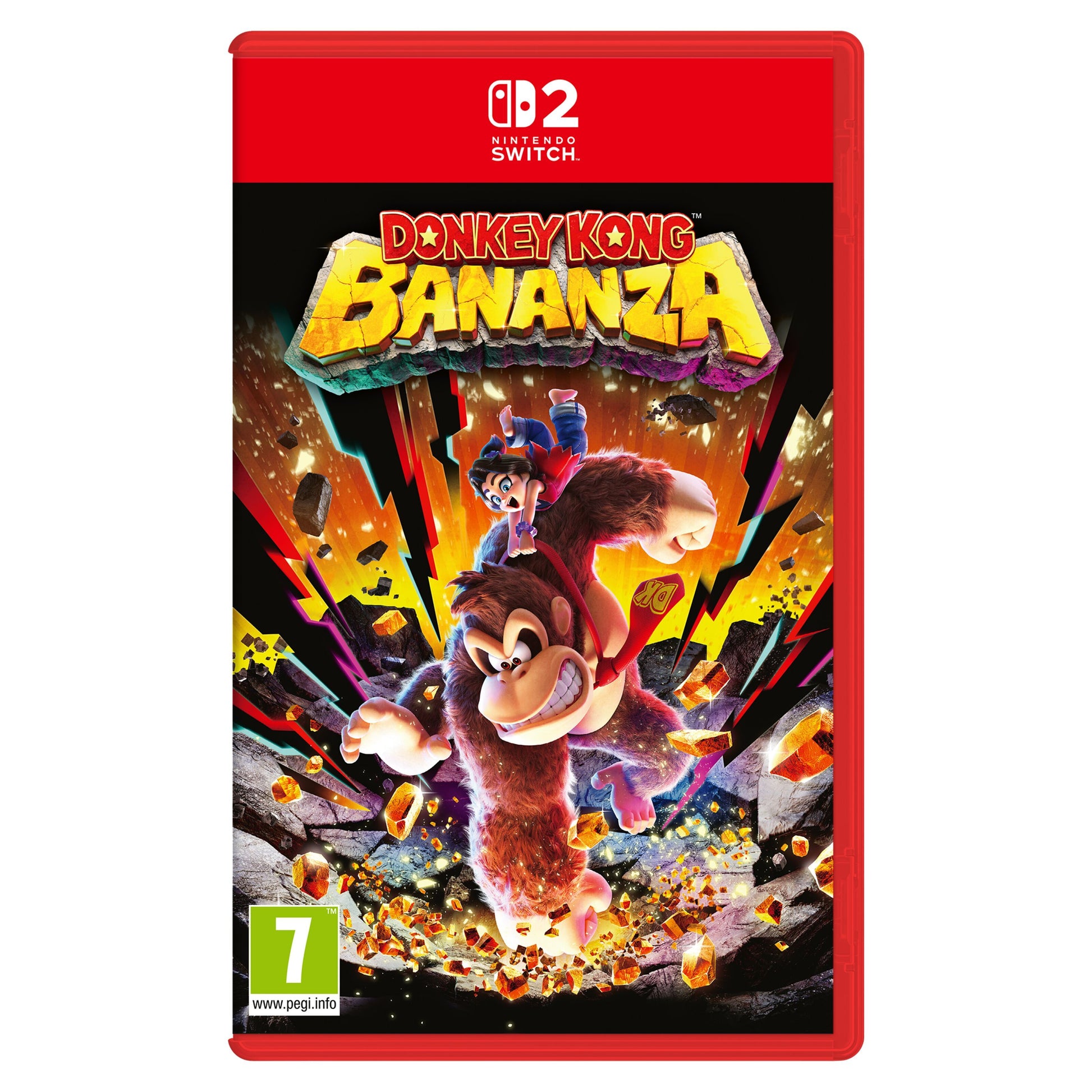 Nintendo Donkey Kong Bananza Switch 2, æske med Donkey Kong og ven bryder gennem klipper på farverig baggrund.