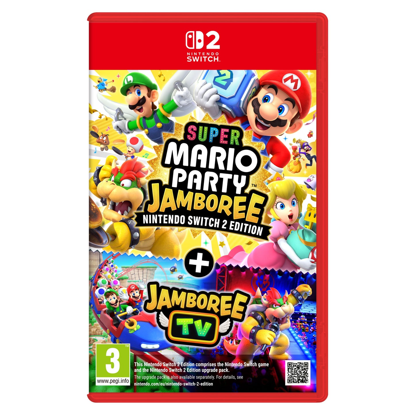 Nintendo Super Mario Party Jamboree Nintendo Switch 2-cover, Mario figurer, rød kant, aldersmærke 3 nederst til venstre.