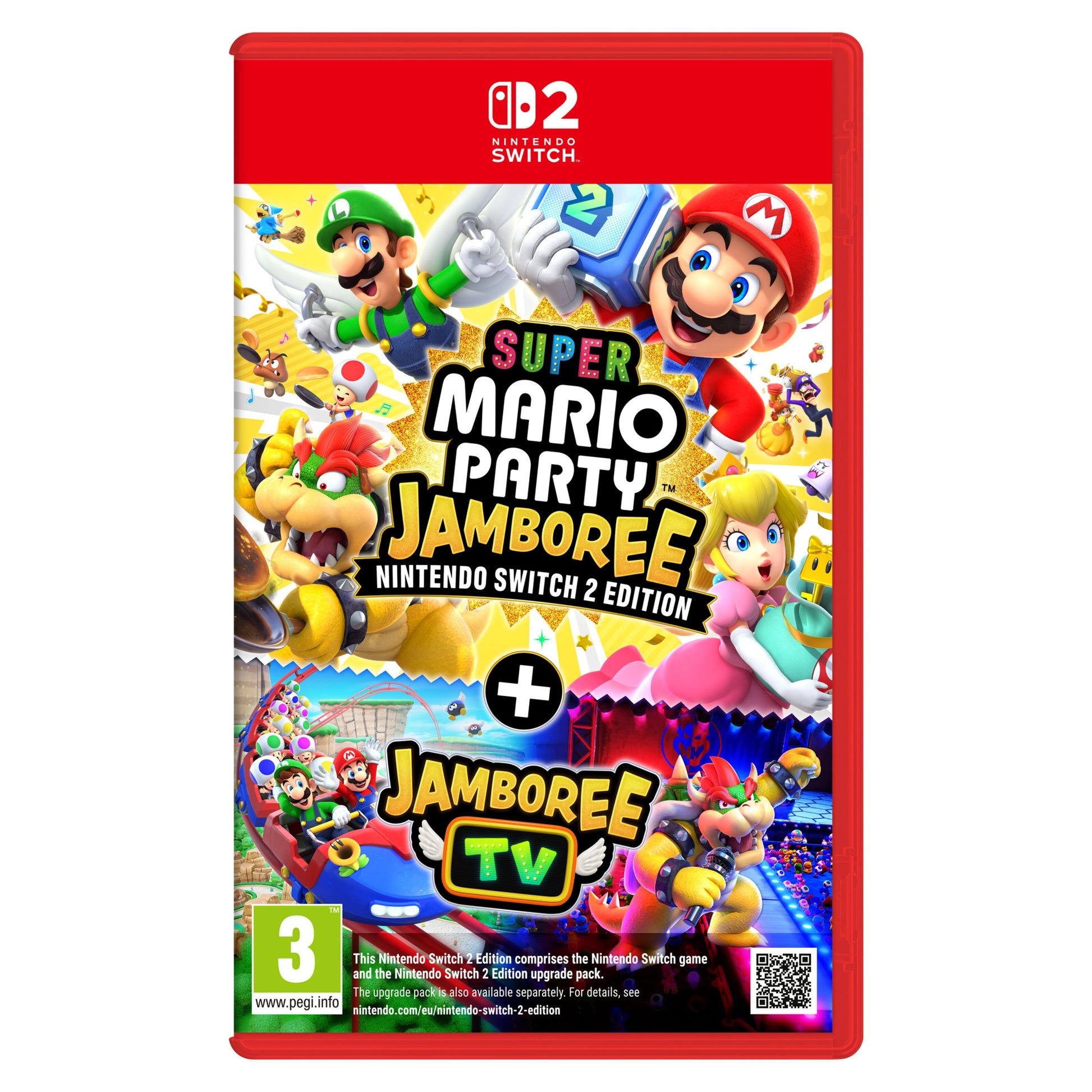 Nintendo Super Mario Party Jamboree Nintendo Switch 2-cover, Mario figurer, rød kant, aldersmærke 3 nederst til venstre.