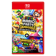 Nintendo Super Mario Party Jamboree Nintendo Switch 2-cover, Mario figurer, rød kant, aldersmærke 3 nederst til venstre.