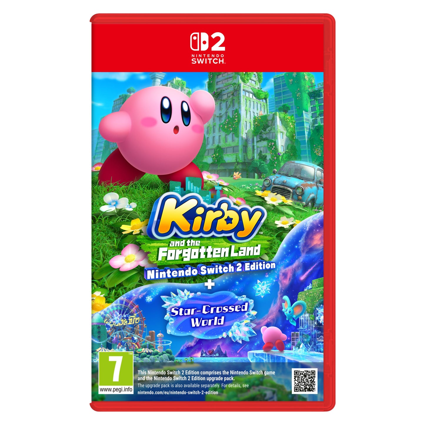 Kirby and the Forgotten Lands Switch 2 Edition med æske, motiv af Kirby svævende over byruiner og grøn beplantning.