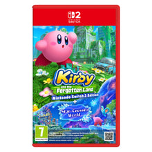 Kirby and the Forgotten Lands Switch 2 Edition med æske, motiv af Kirby svævende over byruiner og grøn beplantning.