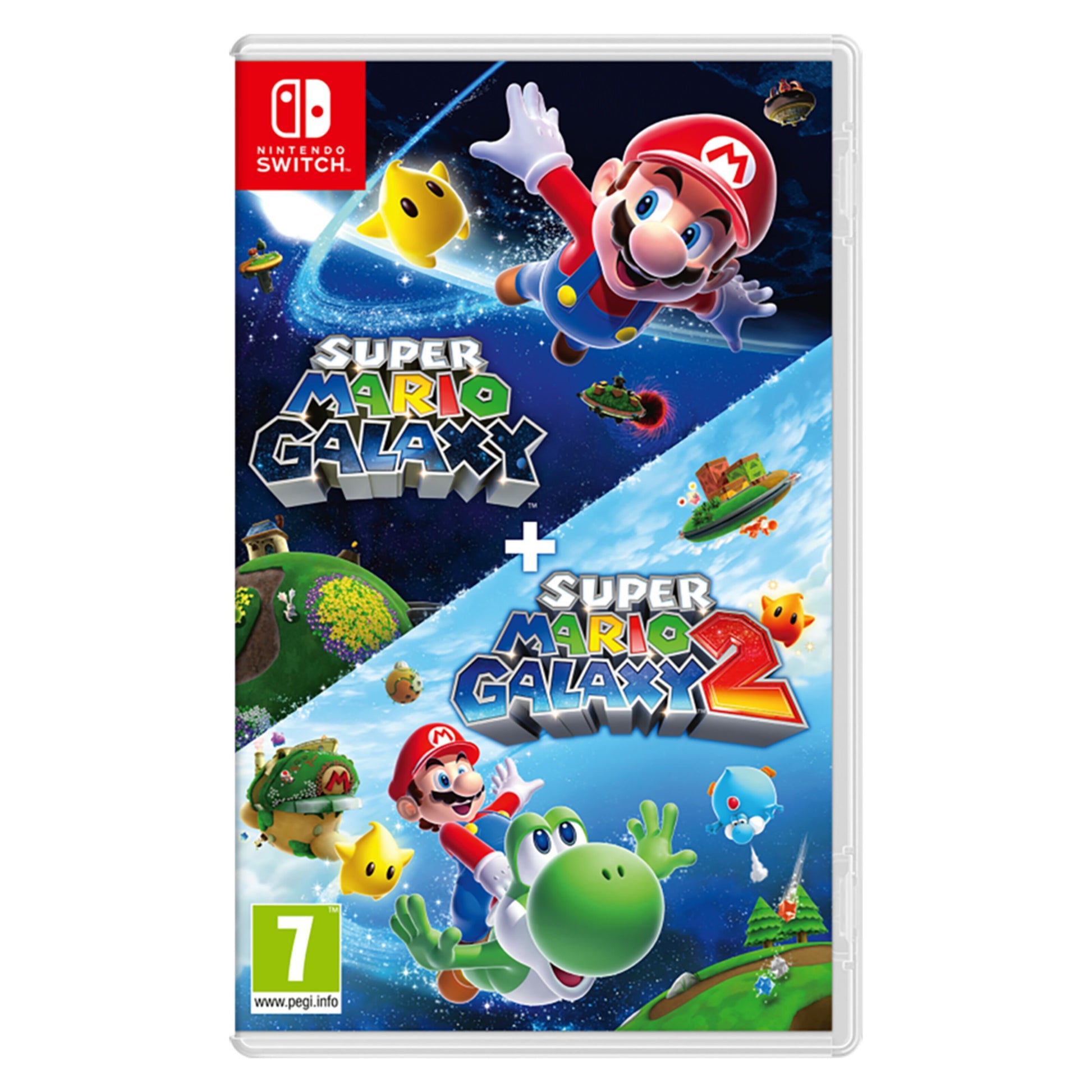 Nintendo Super Mario Galaxy + Super Mario Galaxy 2 spilcover med Mario, stjerner, planeter, Yoshi og PEGI 7-mærkning.