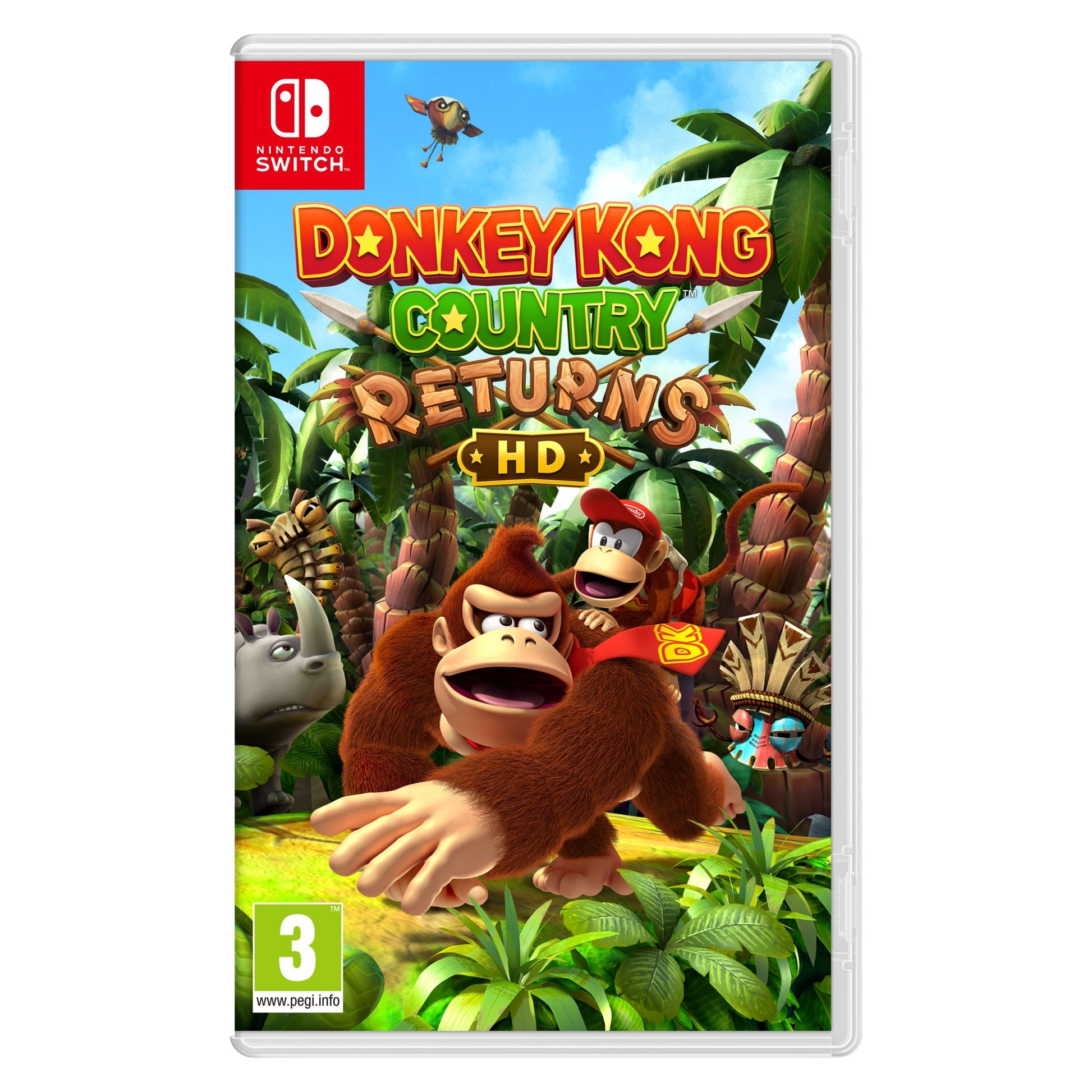 Donkey Kong Country Returns HD Nintendo Switch cover med Donkey Kong og Diddy Kong i jungle med grønne blade og ruiner.