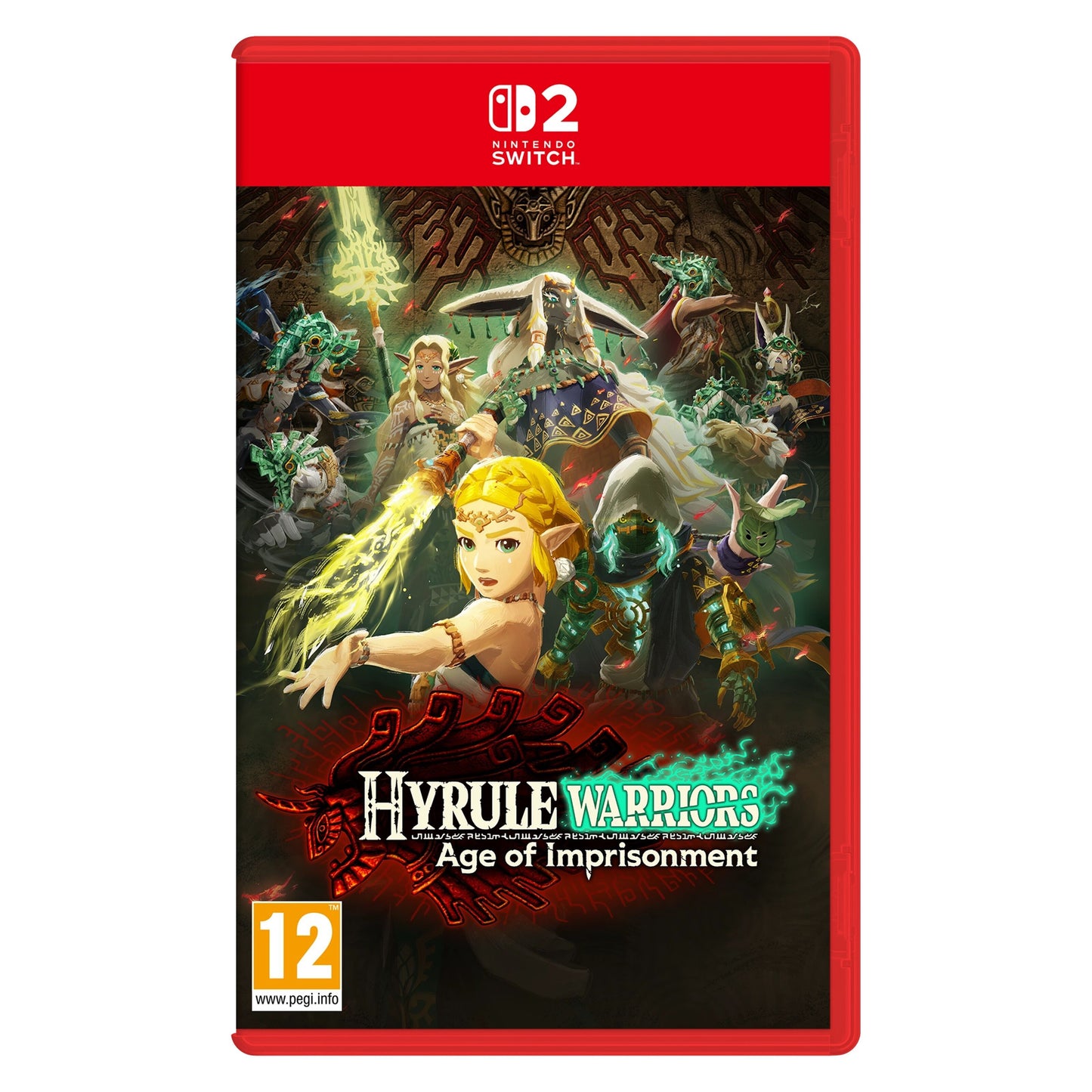 Nintendo Switch 2 spilæske med Hyrule Warriors: Fangenskabets Tid cover, synligt PEGI 12 logo nederst til venstre.