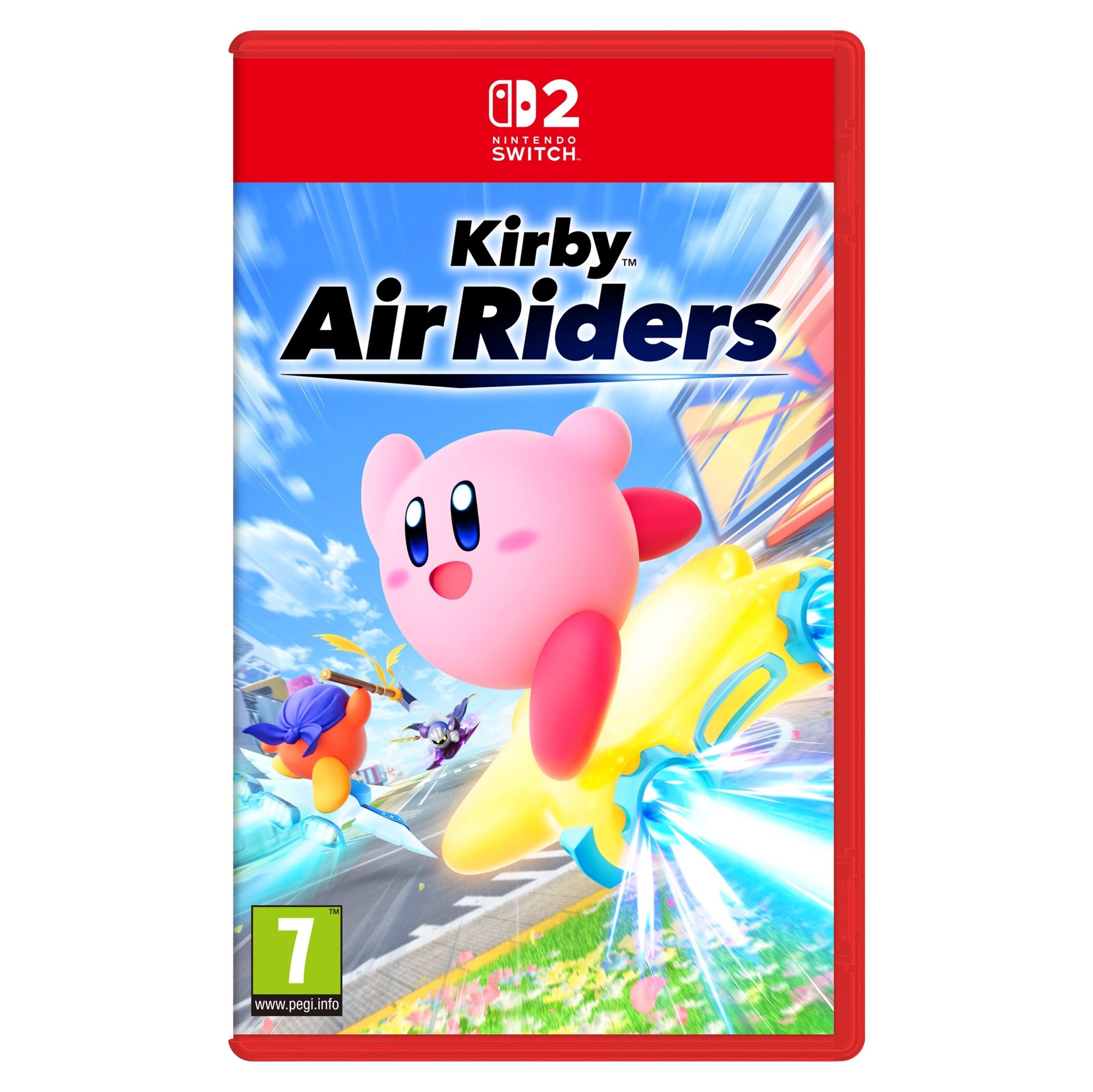 Kirby Air Riders Nintendo Switch 2 spilæske med Kirby på gul stjerne i by, PEGI 7.
