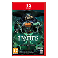 Nintendo Hades II Nintendo Switch 2 Edition spilæske med panserklædt kvinde, stav, grøn røg og synligt titel og edition.