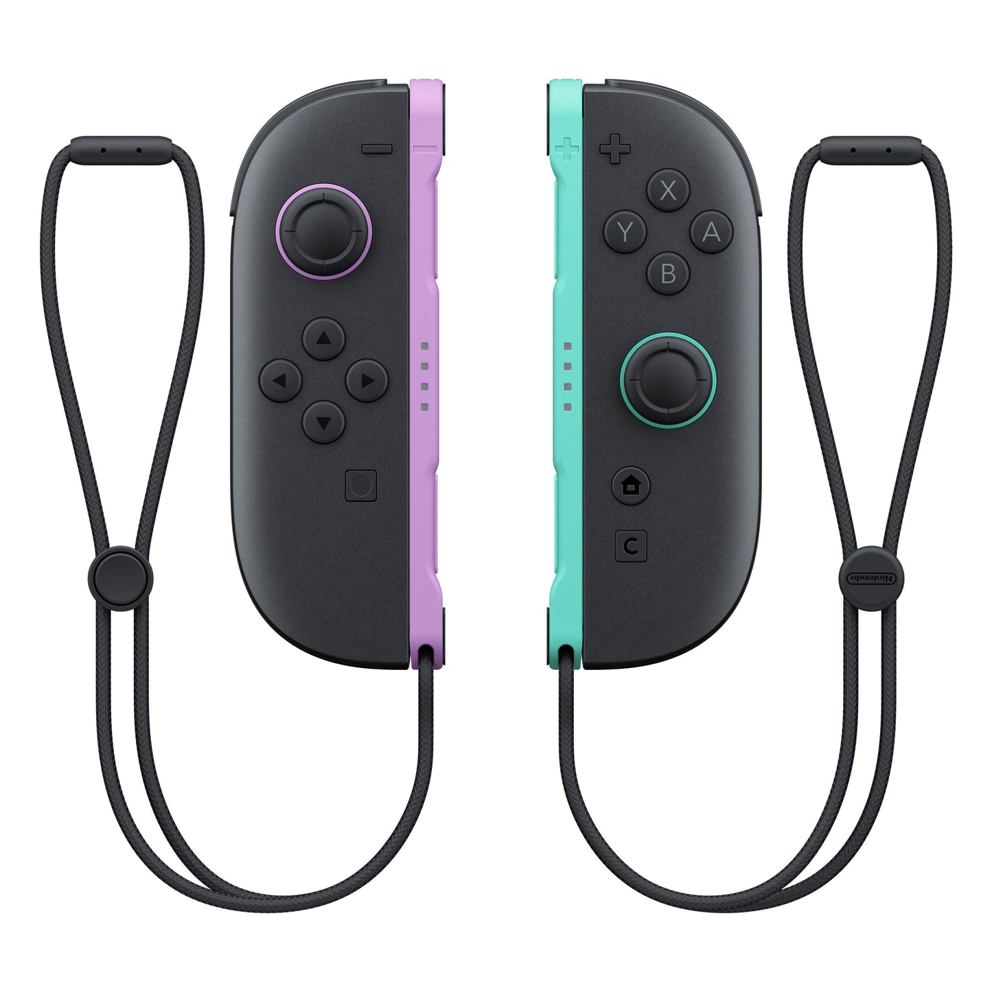 Nintendo Joy Con 2 Par, lyse lilla (venstre) og lysegrøn (højre), med håndledsremme, knapper, bevægelseskontrol.