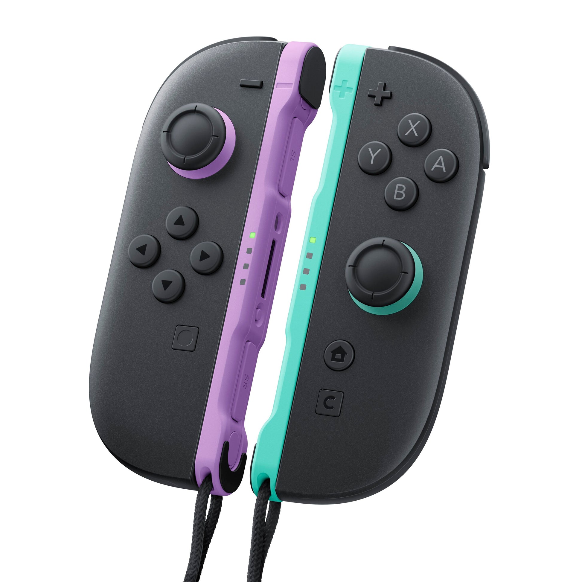 Nintendo Joy Con 2 Par lyse lilla og lysegrøn samlet med remme, originalt Nintendo tilbehør.