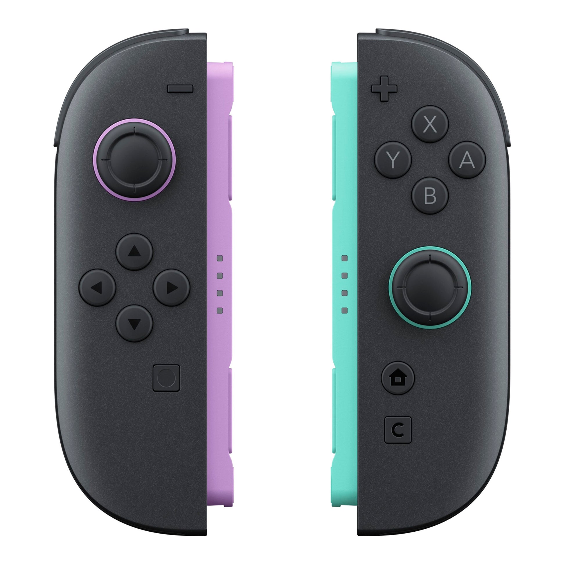 Nintendo Joy Con 2 Par lyse lilla og lysegrøn, side om side, kompatibel med Nintendo Switch.