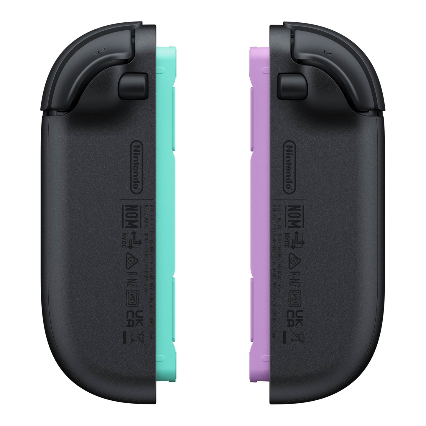 Nintendo Joy Con 2 Par, bagside, lyse lilla og lysegrøn, sorte toppe, branding og labels synlige, med motion control.