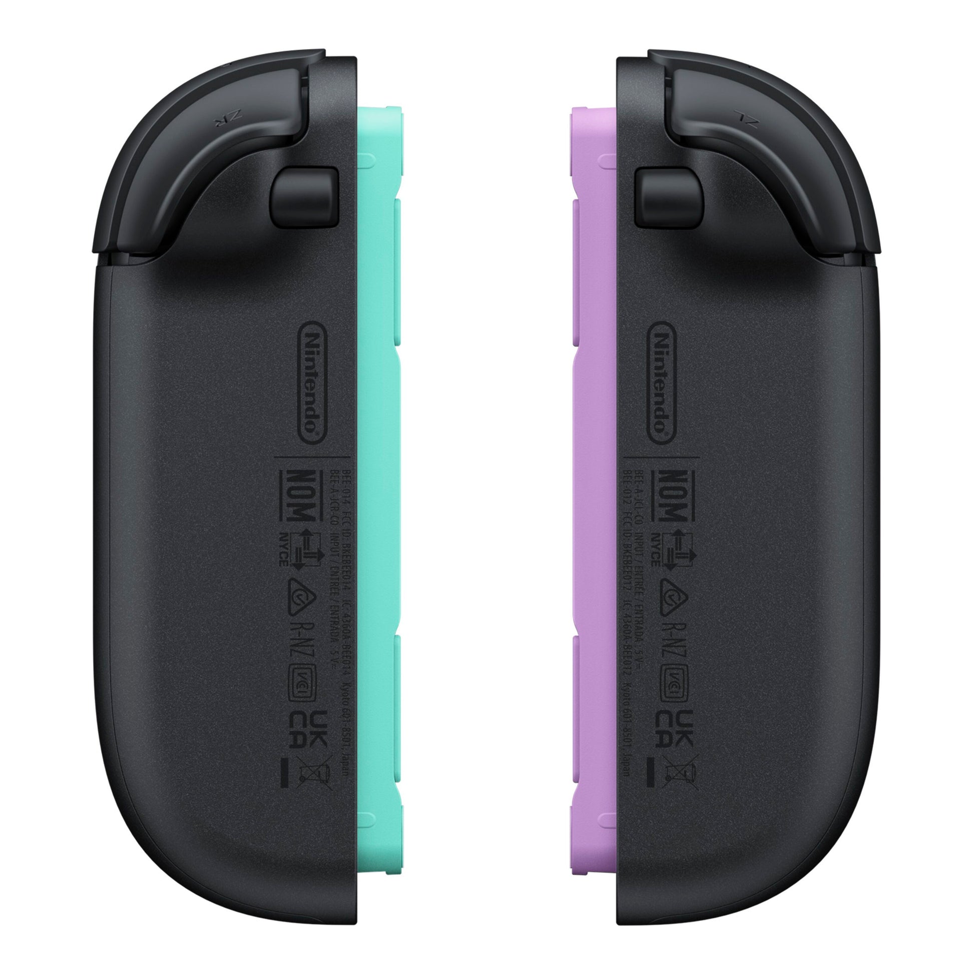 Nintendo Joy Con 2 Par, bagside, lyse lilla og lysegrøn, sorte toppe, branding og labels synlige, med motion control.