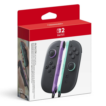 Nintendo Joy Con-controller 2-pak lyse lilla og lysegrøn i rød/hvid Nintendo Switch-emballage med Switch-logo øverst.