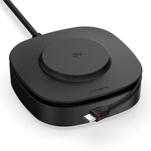 Unisynk USB-C Qi2 2i1 80W sort kvadratisk opladepad med cirkulært ladefelt, front USB-C kabel, synligt Qi-logo.