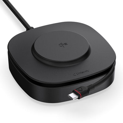 Unisynk USB-C Qi2 2i1 80W sort kvadratisk opladepad med cirkulært ladefelt, front USB-C kabel, synligt Qi-logo.
