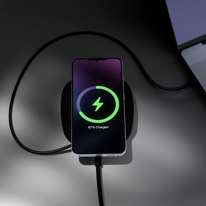USB-C/Qi2 2i1 80W oplader lader smartphone trådløst på pad (67 batteri, grønt ikon), USB-C tilsluttet laptop.