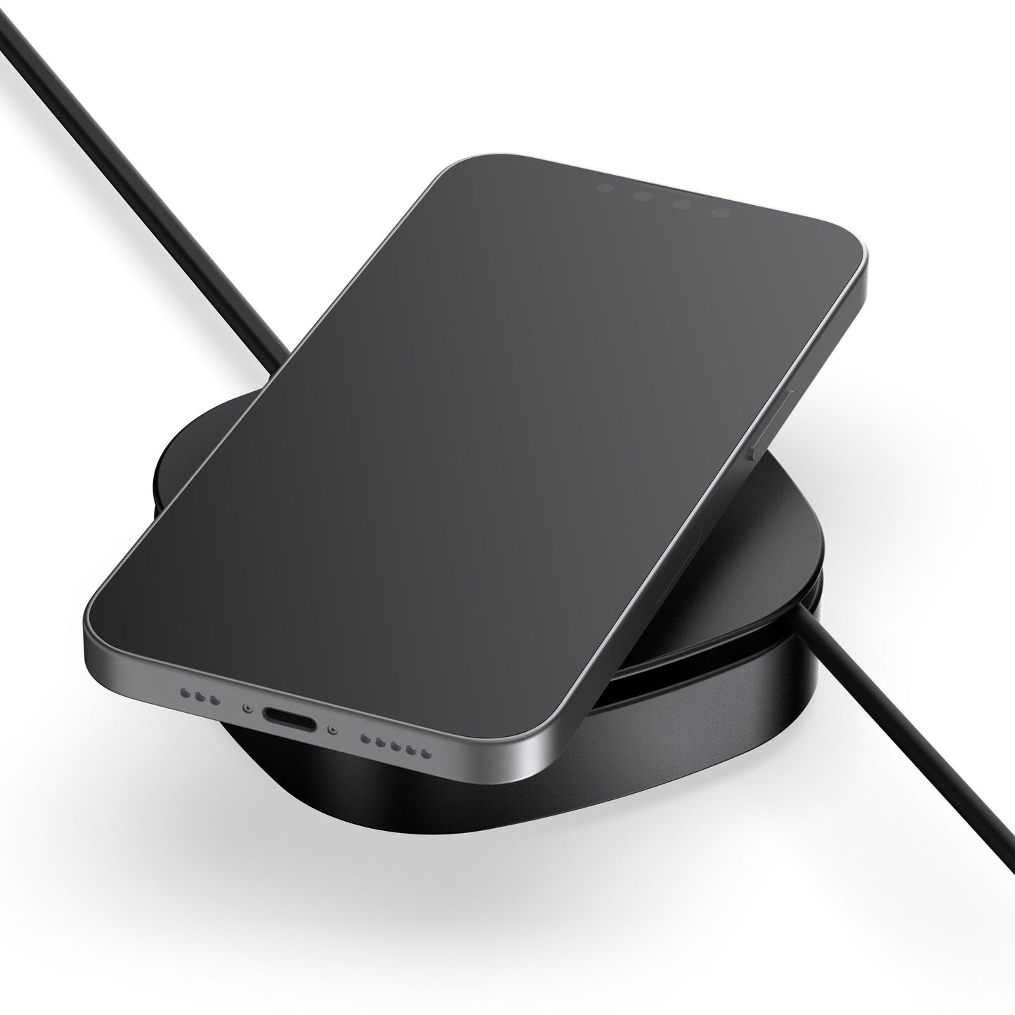 Unisynk USB-C bærbar/Qi2 2i1 80W sort trådløs opladningspad med tilsluttet kabel og sort smartphone ovenpå.