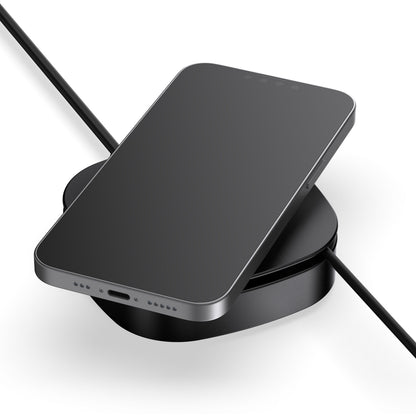 Unisynk USB-C bærbar/Qi2 2i1 80W sort trådløs opladningspad med tilsluttet kabel og sort smartphone ovenpå.