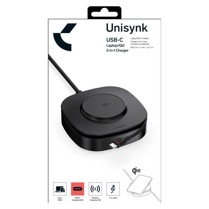 Unisynk USB-C Qi2 2i1 80W rund sort oplader, USB-C kabel, trådløs ladeplade, GaN teknologi, multispog info på æsken.