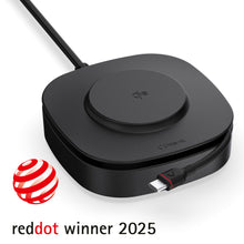 Unisynk USB-C/Qi2 2i1 80W sort trådløs opladningspad med USB-C kabel, Qi-logo, Unisynk-logo, Red Dot Winner 2025-logo.