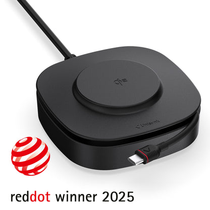 Unisynk USB-C/Qi2 2i1 80W sort trådløs opladningspad med USB-C kabel, Qi-logo, Unisynk-logo, Red Dot Winner 2025-logo.