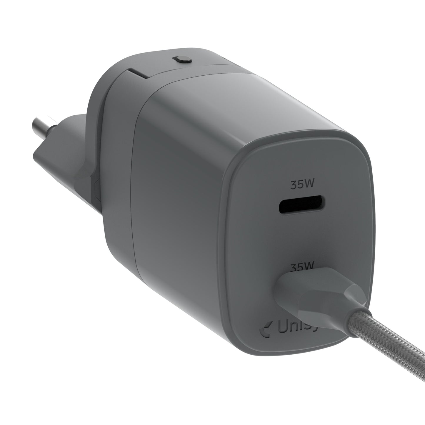 Unisynk Kompakt 2-port oplader 35W grå, afrundet rektangulær, EU-stik, USB-C tilsluttet, "35W" over port.