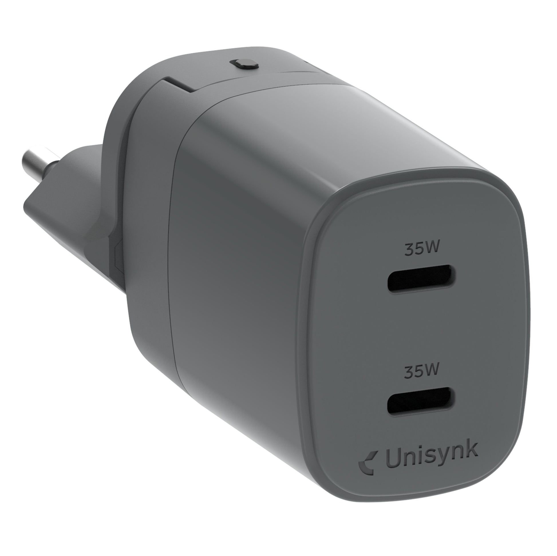 Unisynk Kompakt 2-port USB-C oplader 35W grå med afrundede kanter og europæisk stik.