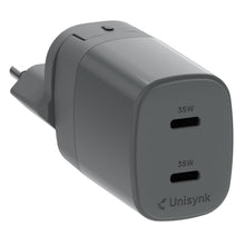Unisynk Kompakt 2-port USB-C oplader 35W grå med afrundede kanter og europæisk stik.