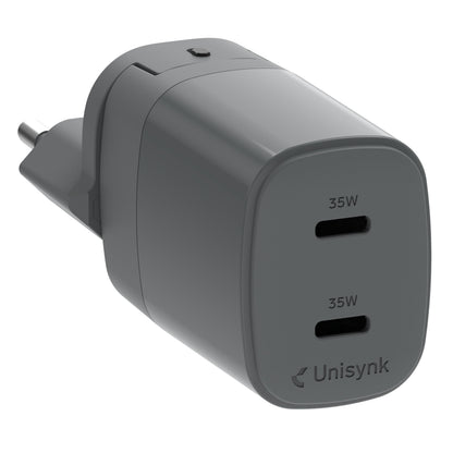 Unisynk Kompakt 2-port USB-C oplader 35W grå med afrundede kanter og europæisk stik.