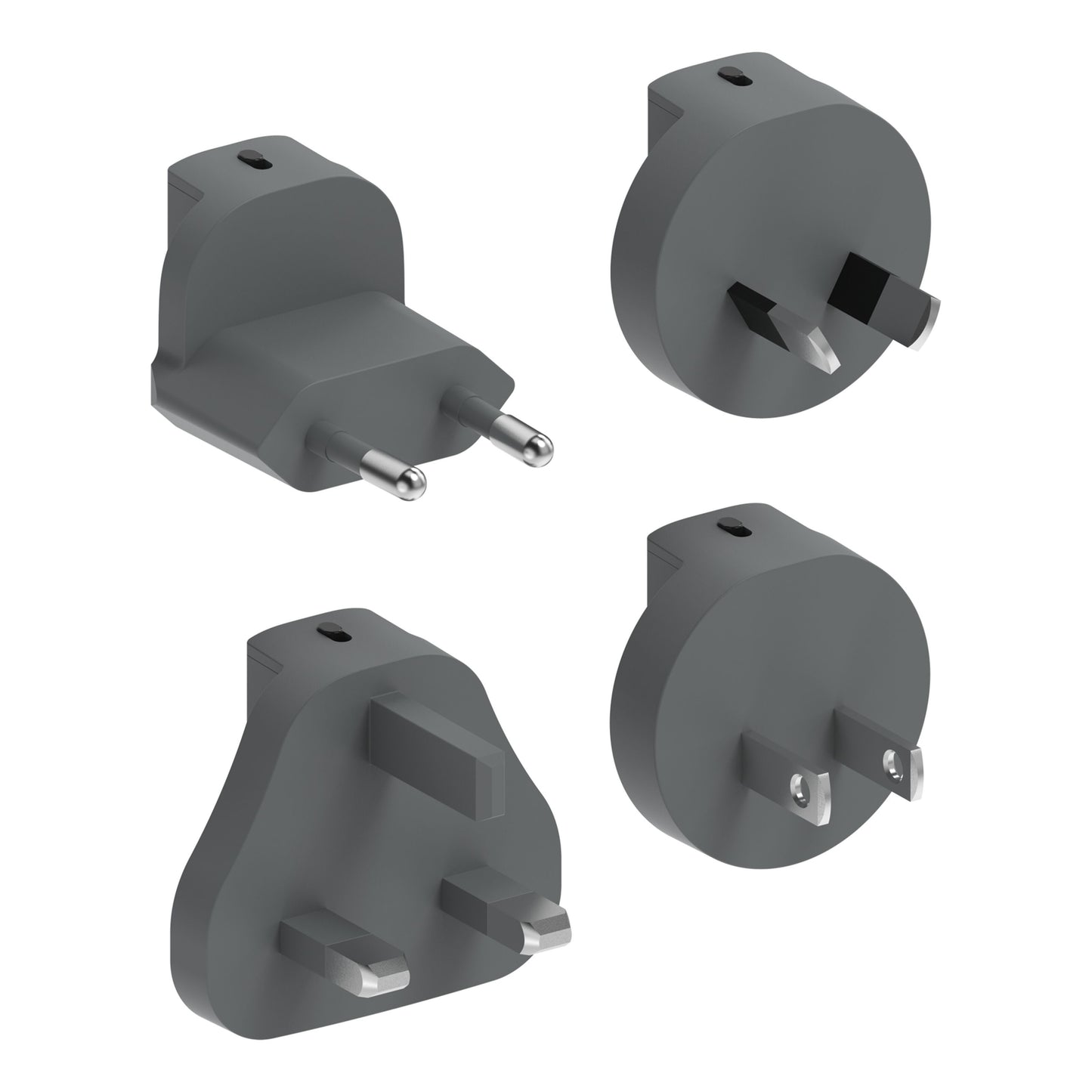 Unisynk rejseadapter, 4 grå stikadaptere med forskellige benkonfigurationer til Kompakt 2-port oplader 35W.
