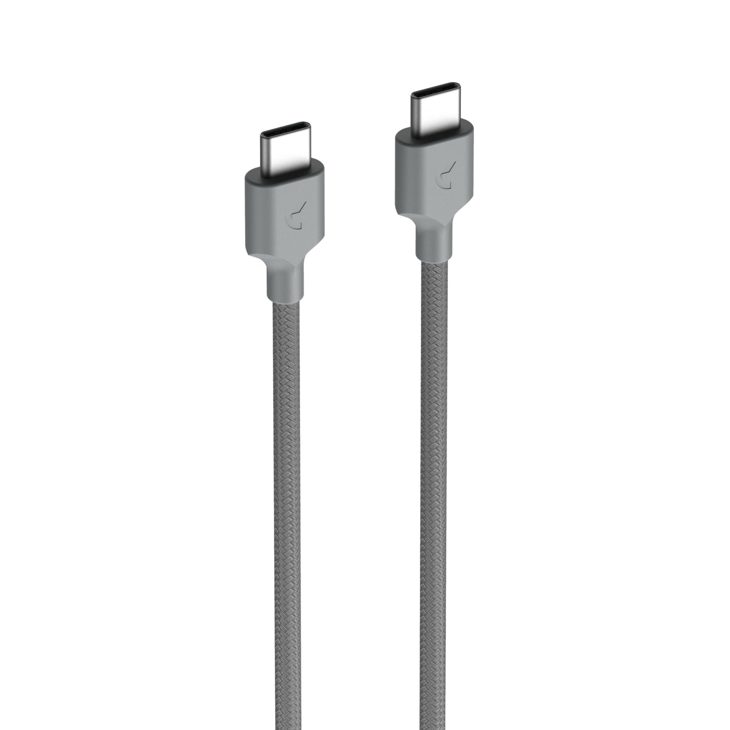 Gråt flettet USB-C til USB-C opladerkabel med opadvendt stik, kompatibel med Kompakt 2-port oplader 35 W.