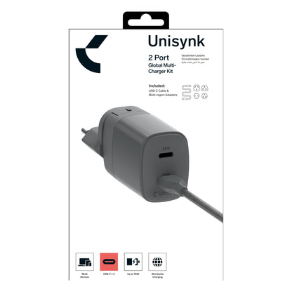 Unisynk Kompakt 2-port oplader 35W med USB-C og USB-A port, rejseadapter, regions- og enhedskompatibilitetsikoner.