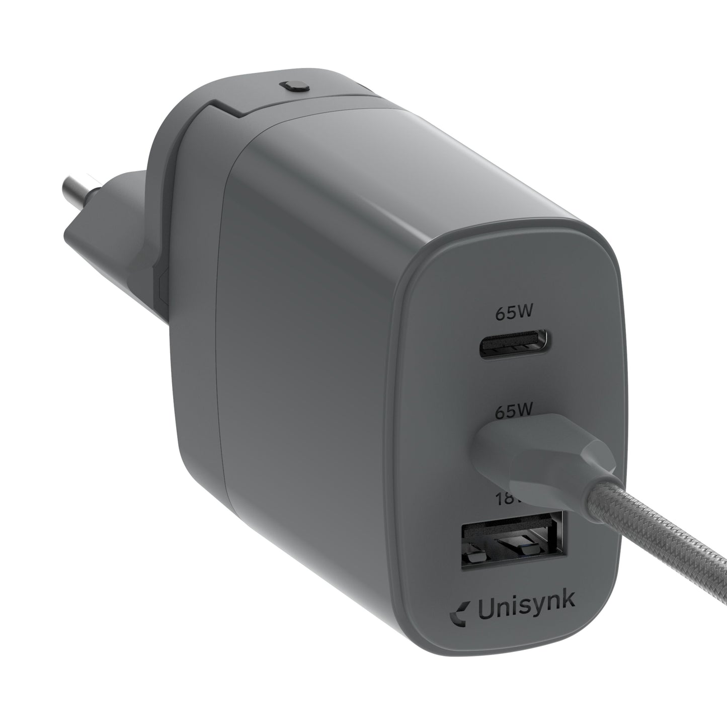 Unisynk 3-port Global Multi-oplader 65W grå med USB-C 65W og USB-A 18W porte, tilsluttet med USB-C kabel.
