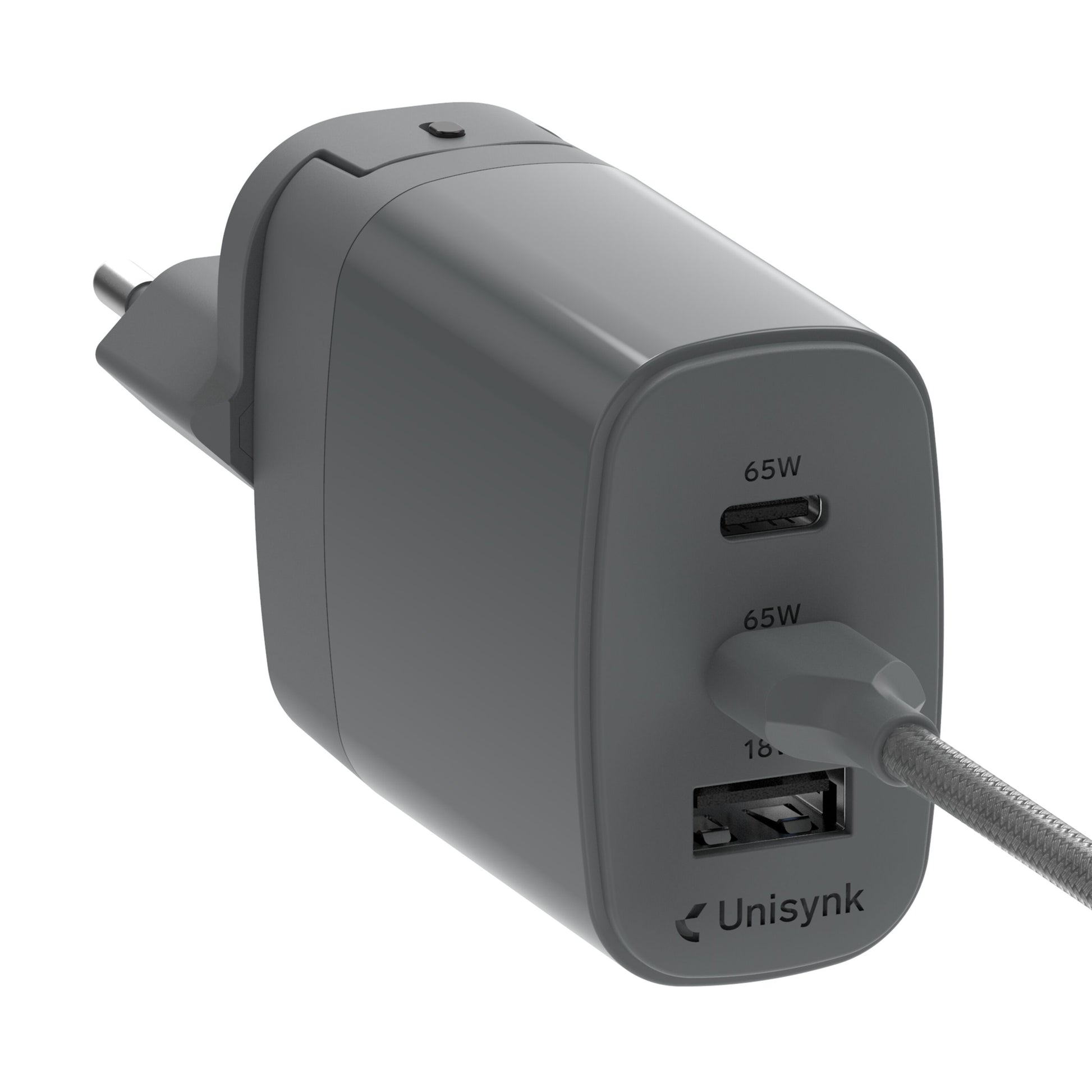 Unisynk 3-port Global Multi-oplader 65W grå med USB-C 65W og USB-A 18W porte, tilsluttet med USB-C kabel.