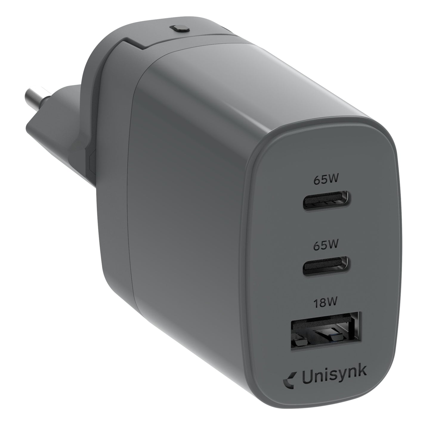 Unisynk 3-port Global Multi-oplader 65W grå med to 65W USB-C porte og en 18W USB-A port, vist fra skrå vinkel.