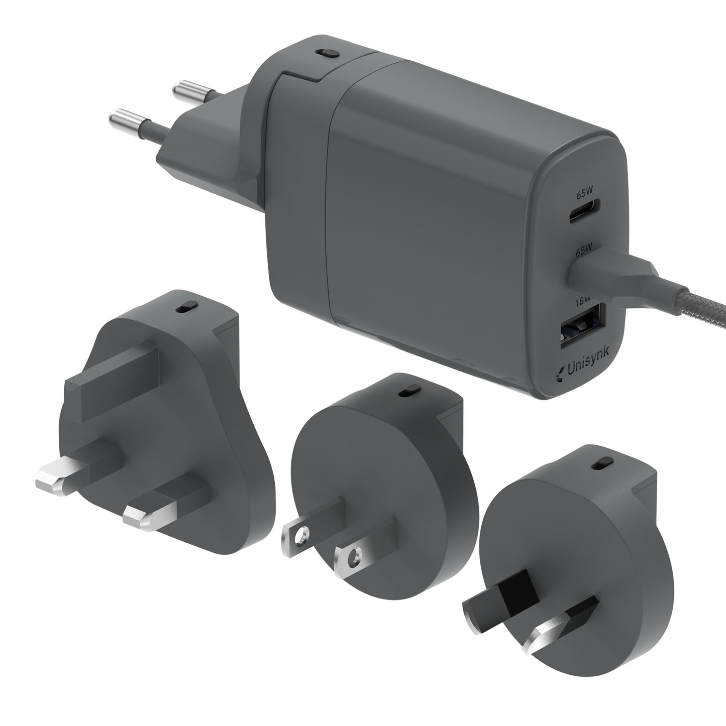 Unisynk 3-port global multi-oplader 65W grå med USB-porte og tre stikadaptere til international opladning.