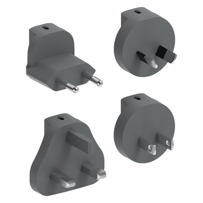 Unisynk sorte rejseadaptere med fire forskellige stiktyper til internationale stik, passer til 3-port Global Multi-oplader 65W.