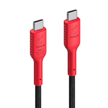 Unisynk USB-C Data Blocker kabel 240W 1m, rødt stik, sort flettet ledning, mærkat "USB-C PD 240W No Data.