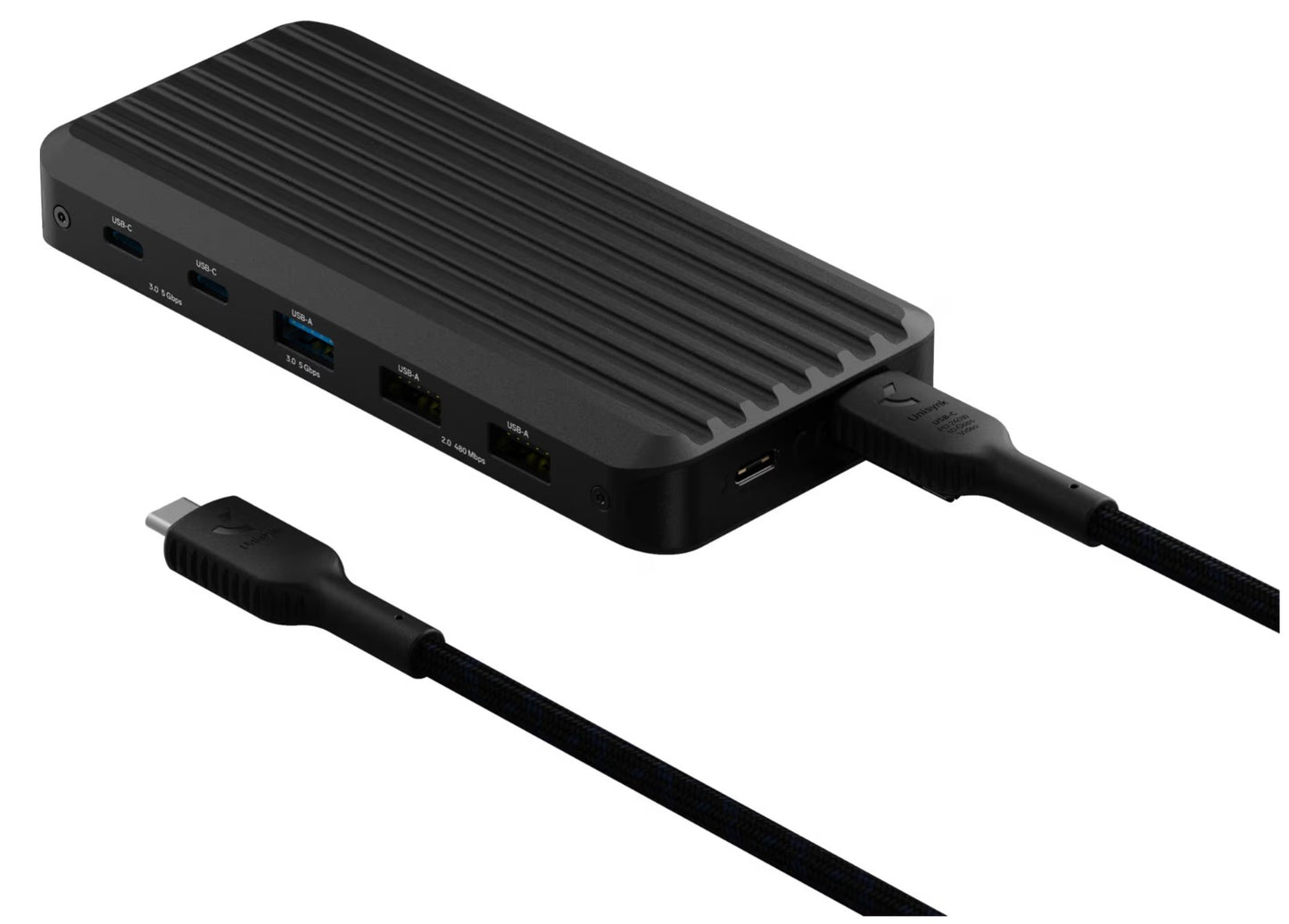 USB-C-hub 10 porte 140 W sort med USB og Ethernet porte, rillet overflade, flettet kabel, sideporte.