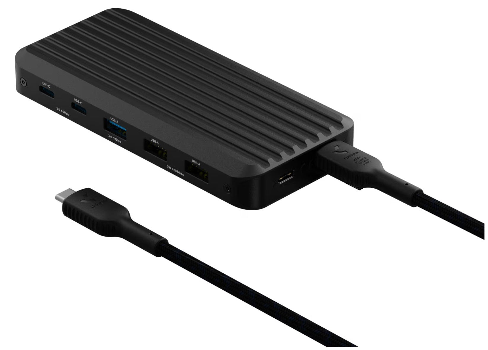 USB-C-hub 10 porte 140 W sort med USB og Ethernet porte, rillet overflade, flettet kabel, sideporte.