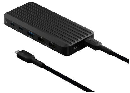 USB-C-hub 10 porte 140 W sort med USB og Ethernet porte, rillet overflade, flettet kabel, sideporte.
