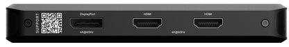 Unisynk 10-ports USB-C-hub sort med 140W pass-through, DisplayPort, til HDMI 4K60Hz, SUPPORT QR-kode, til små skruer.