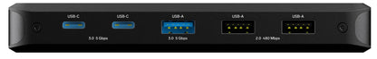 Unisynk 10-ports USB-C-hub 140W Sort med to USB-C 3.0, en blå USB-A 3.0 og to sorte USB-A 2.0 porte med labels.