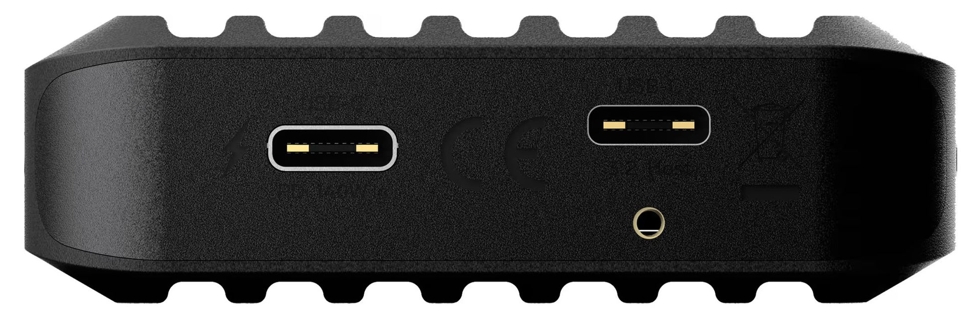 Unisynk 10-ports USB-C-hub sort med 140 W pass-through, to USB-C-porte, LED-indikator samt svage CE- og genbrugssymboler.