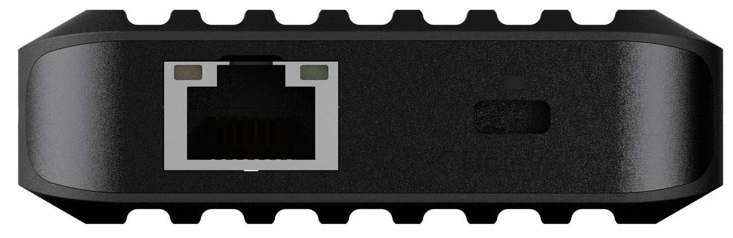 Unisynk 10-ports USB-C-hub, sort, 140 W pass-through, Ethernet-port venstre side, indikator eller knap højre side, rillet kant.