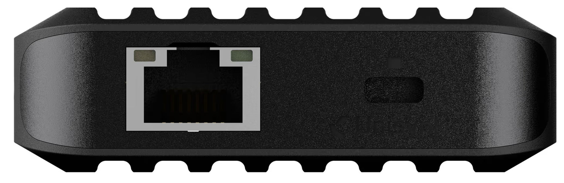 Unisynk 10-ports USB-C-hub, sort, 140 W pass-through, Ethernet-port venstre side, indikator eller knap højre side, rillet kant.