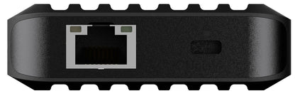 Unisynk 10-ports USB-C-hub, sort, 140 W pass-through, Ethernet-port venstre side, indikator eller knap højre side, rillet kant.