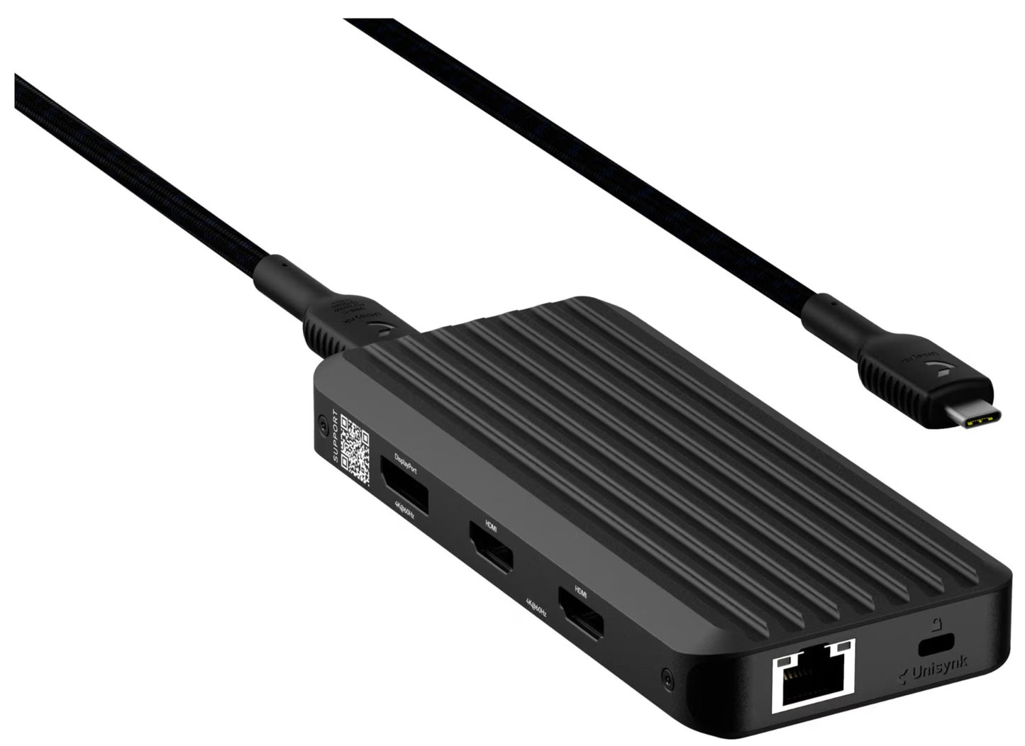 Unisynk 10-ports USB-C-hub sort med rillet overflade, USB, HDMI, Ethernet-port og flettet USB-C-kabel, 140 W pass-through.